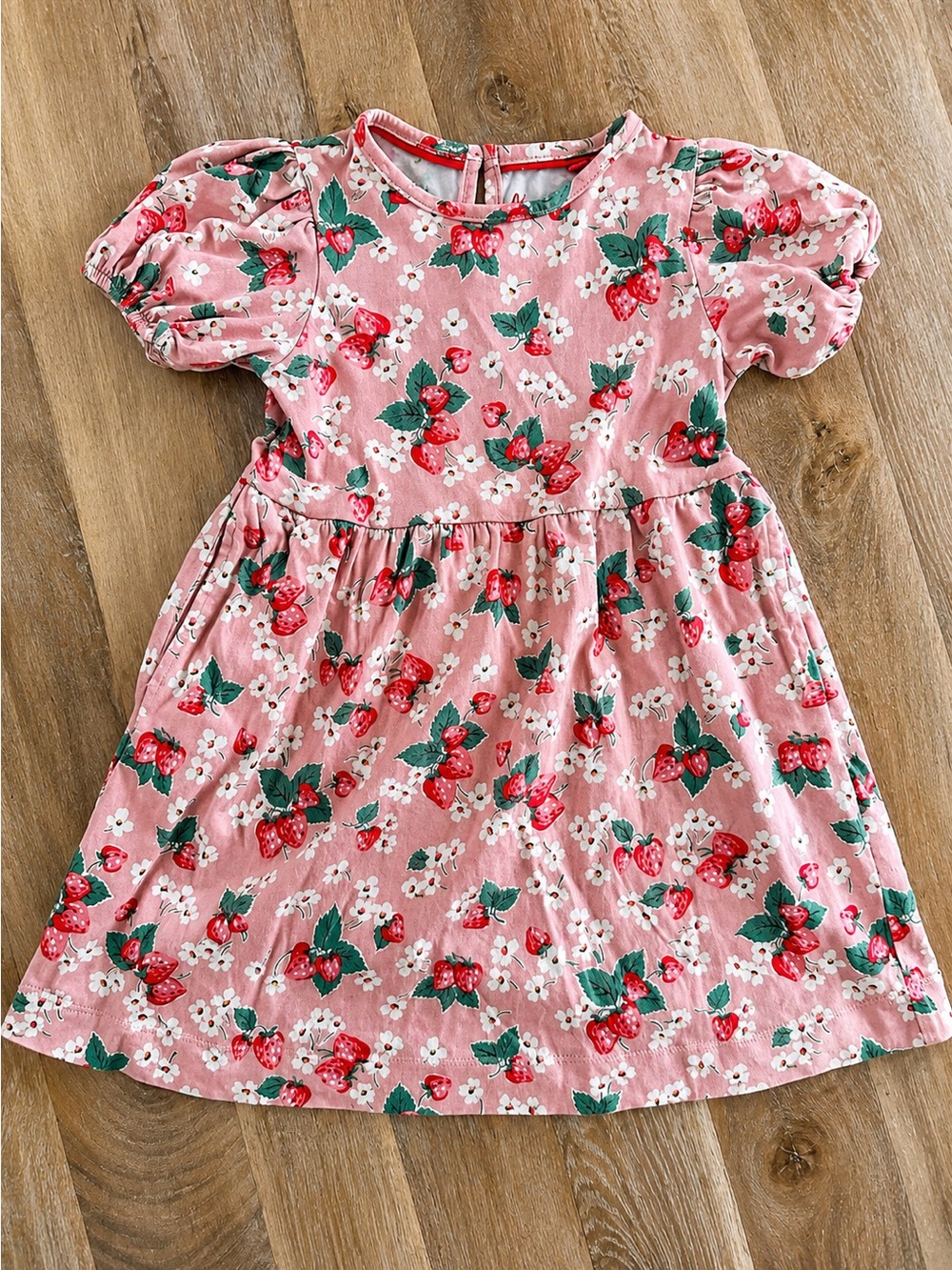 Mini Boden Toddler Girls Pink Strawberry Floral Dress Puff Sleeves & Pockets